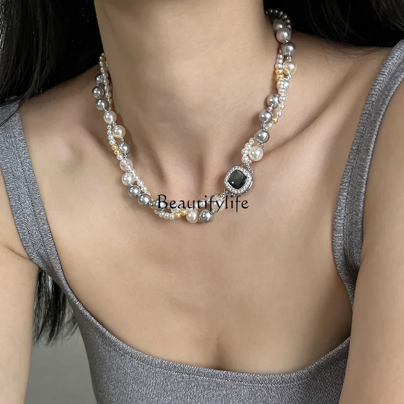 Original light luxury mixed color high-quality pearl double-layer niche one two-wear sweater chain