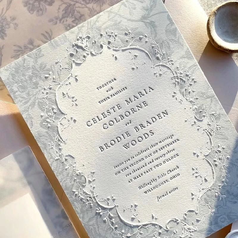 Invitación de boda de flores silvestres en relieve, tarjetas de boda modernas personalizadas, papel de algodón hecho a mano, diseño Floral de prensa de letras, 30 Uds.