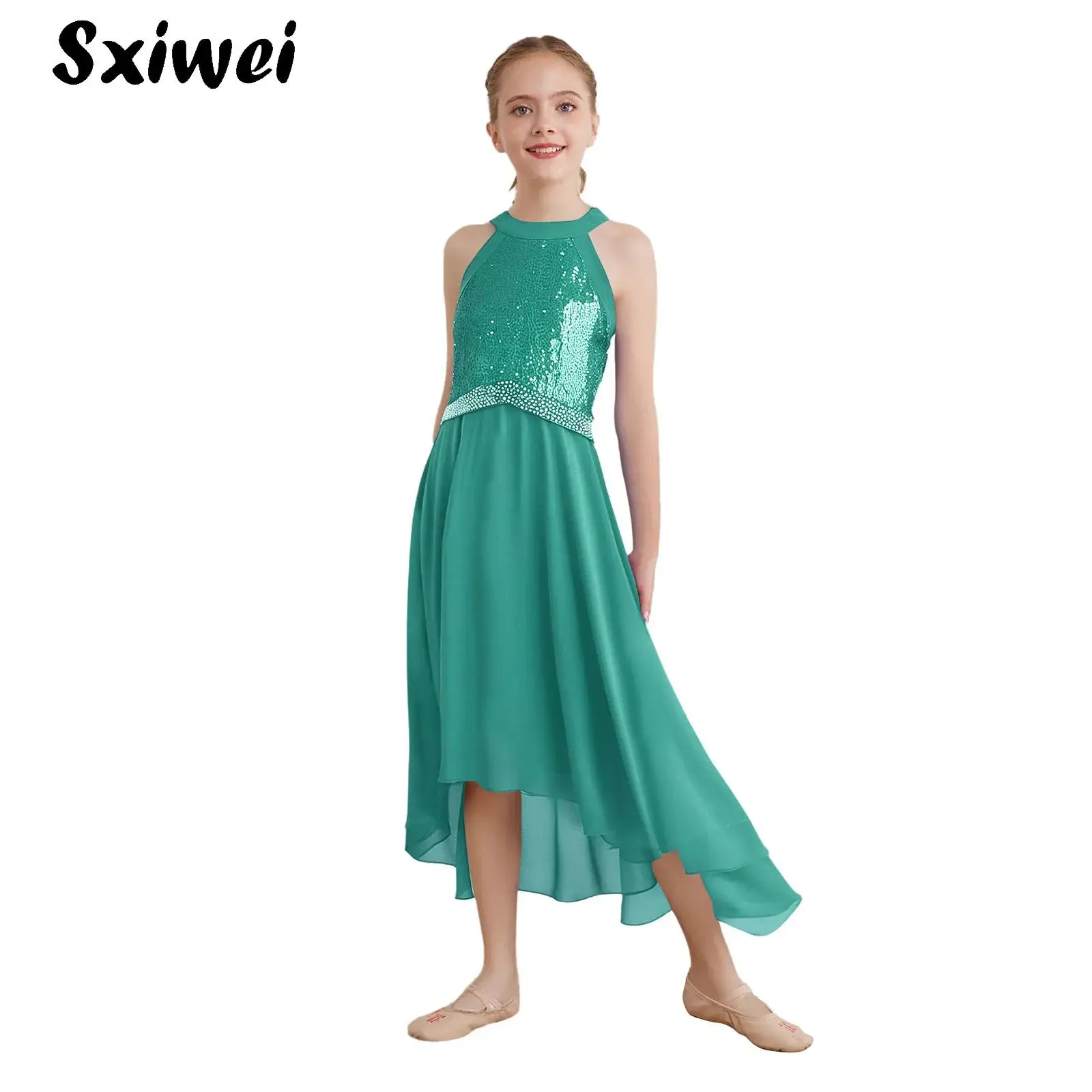 

Kids Princess Dress Sequined Halter Sleeveless Chiffon Flower Girls Dress Wedding Birthday Party Prom Dresses Summer Costume