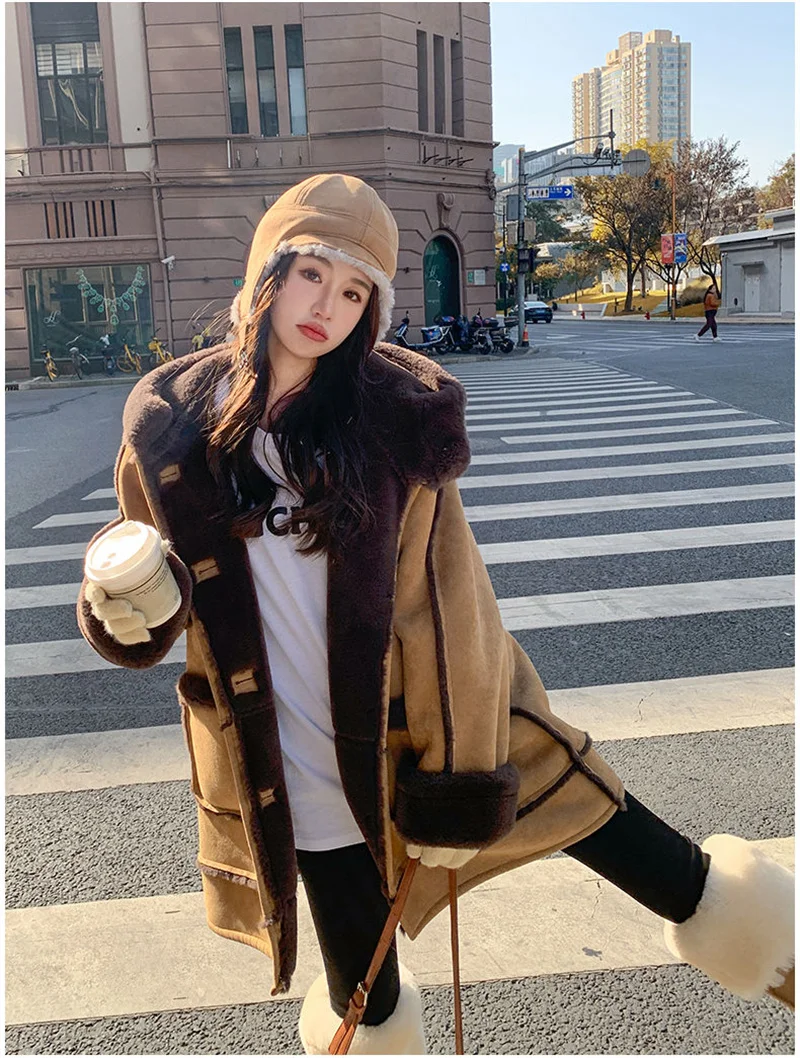 Female Korean Hooded Maillard Lamb Fur Coat, Women\'s Fur Integrated 2024 New Winter Thick High-end Loose Imitation Suede Coat