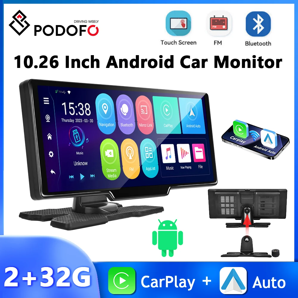 

Podofo Carplay Android Car Monitor 10.26'' Dashboard Dash Cam Android Auto Car DVR 4+64G WIFI GPS Navigation Smart Screen Player