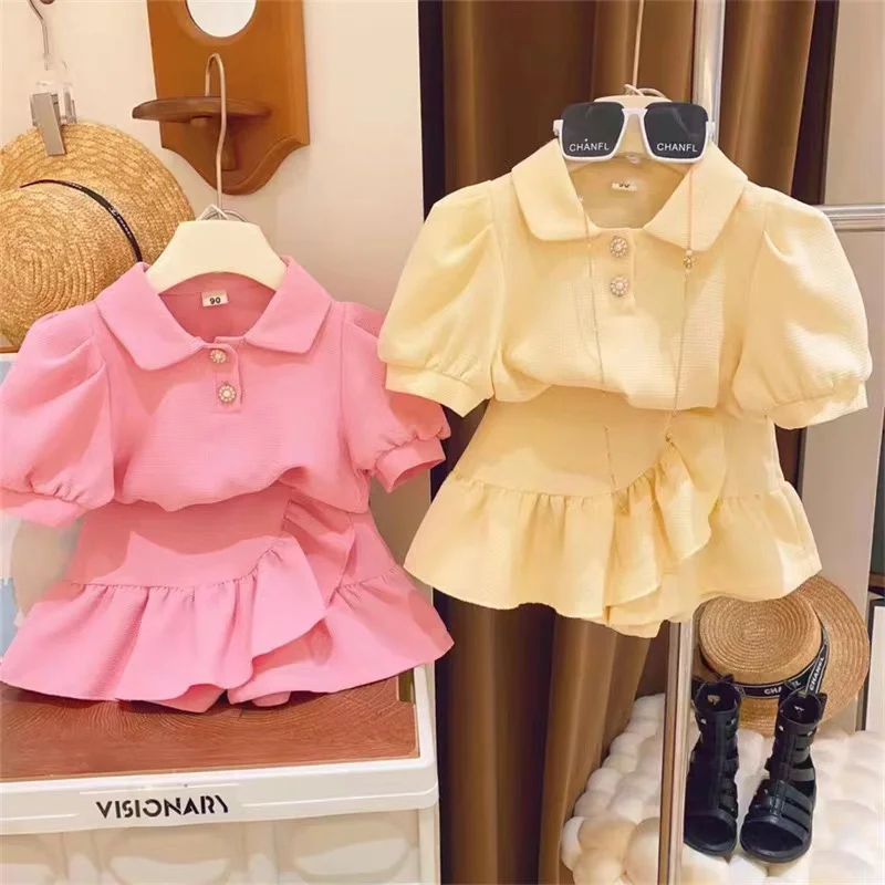 

2024 Summer Puff Sleeved Short Sleeved Shirt+Short Skirt 2Pcs Kid Clothes Children Girl Suit For 2-6 Years Kids Outfits