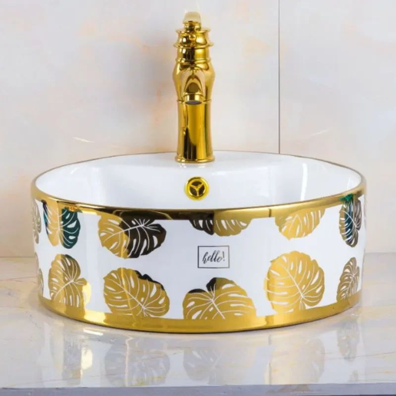 Luxury Gold Leaf Ceramic Wash Basin Round Electroplated Art Sink with Faucet Hole for Modern Bathroom Vanity Decorative Table