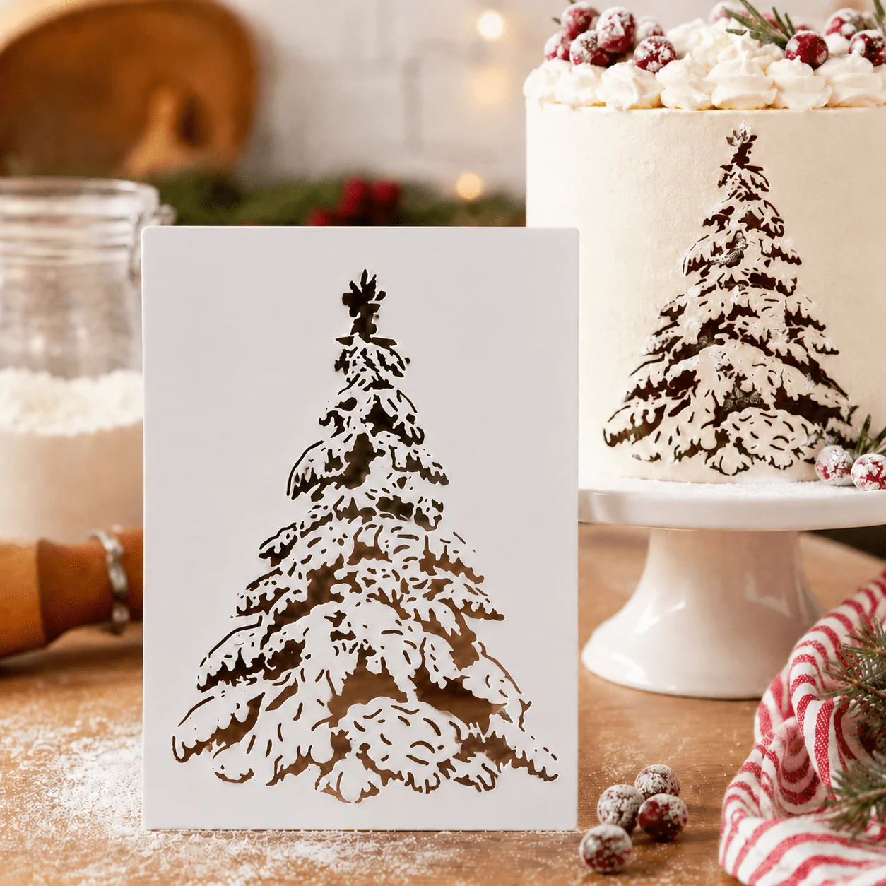 Christmas Snowy Pine Tree Cake Stencil Food Grade PET Template for Cookie Fondant Cake Dessert Decoration