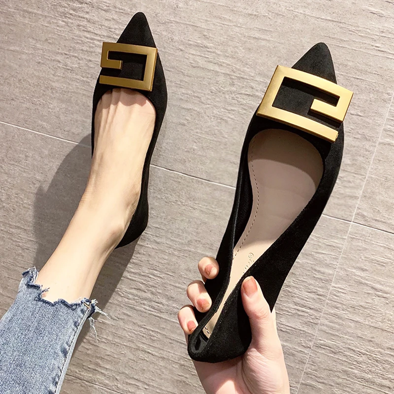 Flat Shoes for Women 2023 New Autumn Spring Pointed Toe Black Metal Buckle Retro Ladies Shoes Loafers Large Size 43 44 45 46