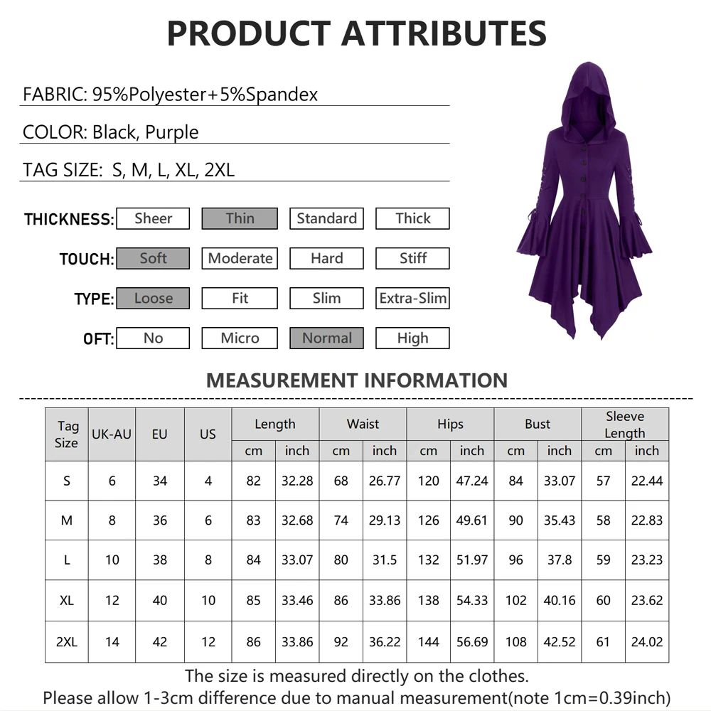 Halloween Theme Cosplay Cape Coat Medieval Party Dress Adult Vintage Lace Up Hooded Cloak Robe Halloween Witch Long Dress