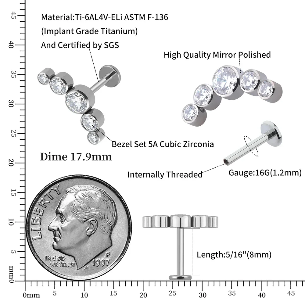 ASTM F136 Titanium Internal Thread Bezel Set 5 Cubic Zircon Curved Cluster Labret Lip Piercing