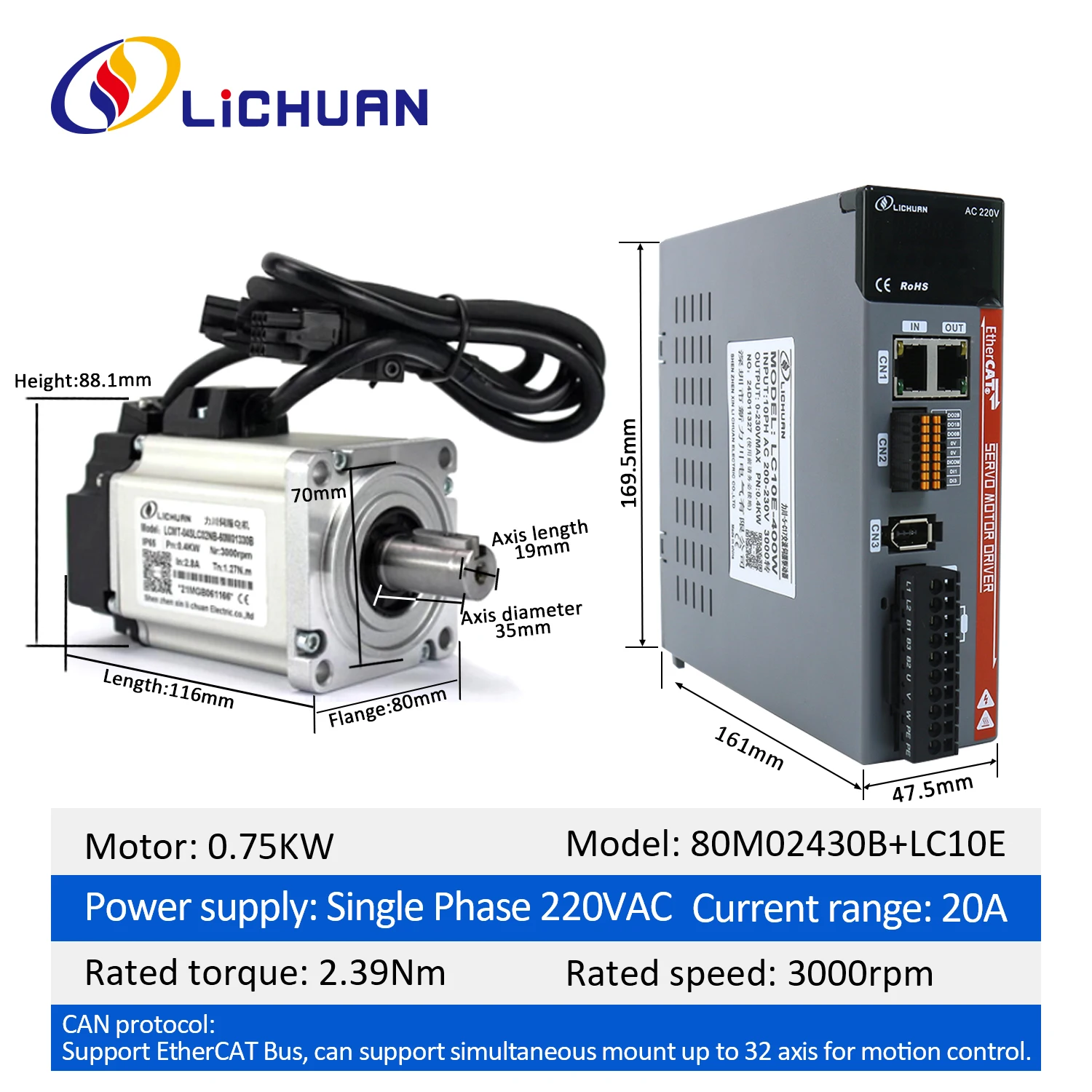 Imagem -02 - Lichuan-kit Servo Ethernet Cat Servomotor com Freio Ethercat Eixos Múltiplos Cnc Cabos de m 750w 2.39nm