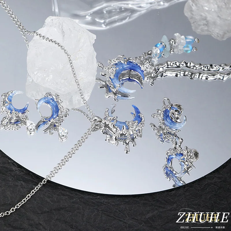 

Blue Moon Statement Necklace Set - Gothic Punk Jewelry for Women, Unique Crescent Moon Design