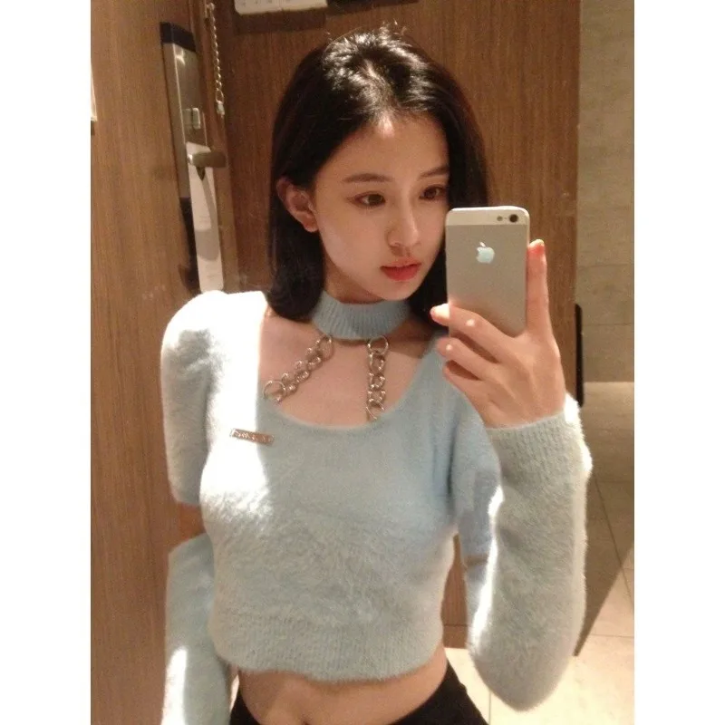 

Sweet Spicy O-Neck Pullover Knitwear Women Korean Halterneck Chain Sleeve Solid Slim Fashion Temperament Winter Underlay Shirt