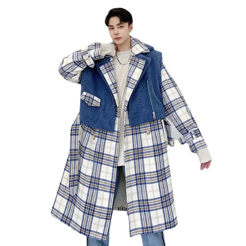 Men Double Breasted 3\\4 Long Plaid Wool Trench Coat Outerwear Male Streetwear Vintage Fashion Winter Woolen Jacket Overcoat