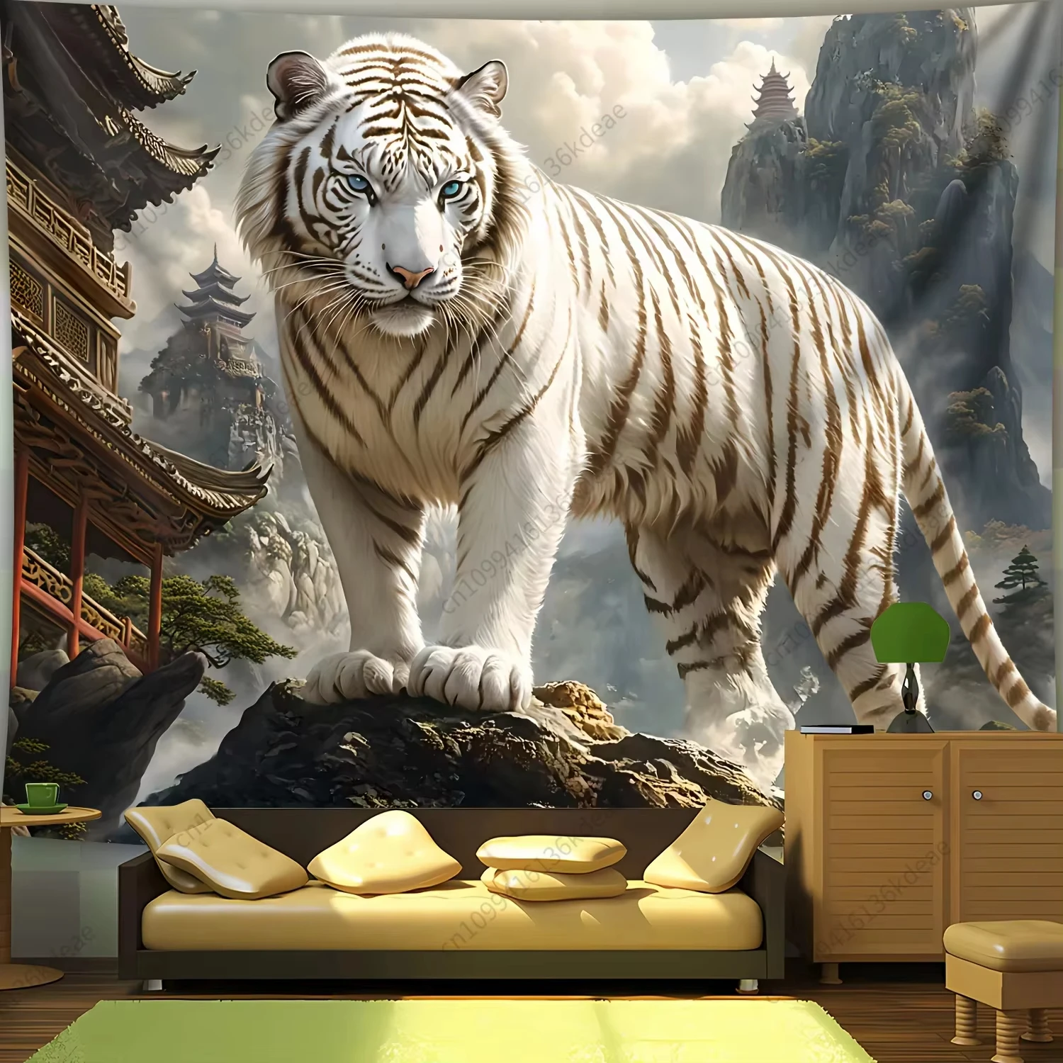VIKAMA Luxuriöser orientalischer weißer Tiger-Landschafts-Wandteppich, Wohnzimmer, Arbeitszimmer, Schlafzimmer, Heimatmosphäre, Dekoration, Wandteppich