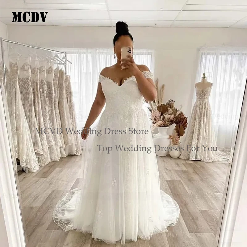 

MCDV Custom A Line Plus Size Wedding Dress 2026 Lace Appliques Off Shoulder Tulle Backless Bridal Gowns Long Robe De Mariée