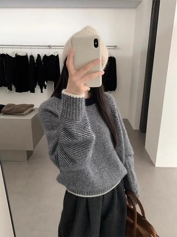 

Женский вязаный свитер ort Thiened Stripe Color Blo, осень-зима, модный корейский топ, удобная внутренняя одежда