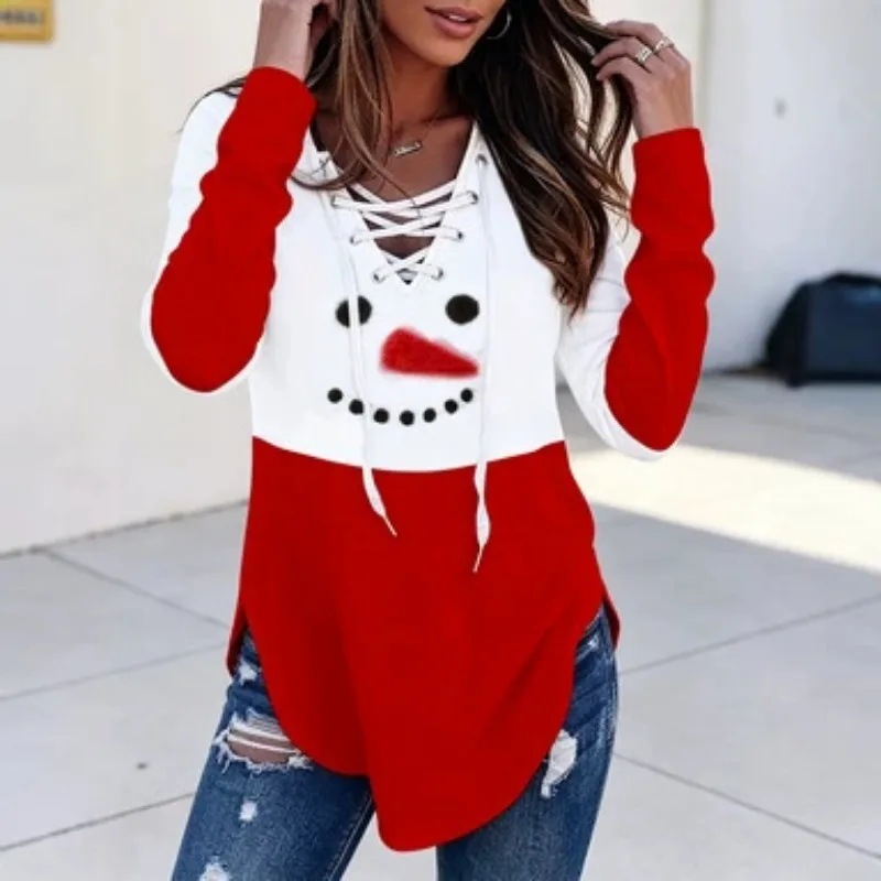 Women Color Block Christmas Snowman Print Top Criss Cross Lace Up V Neck Long Sleeve Casual Blouse