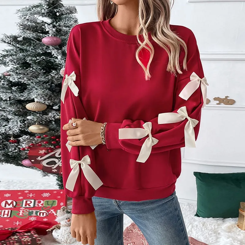 Red Fashionable Women's Hoodie Autumn New Product Versatile Round Neck Hoodie Long Sleeve Sweet Bow Lantern Sleeve Hoodie 2025