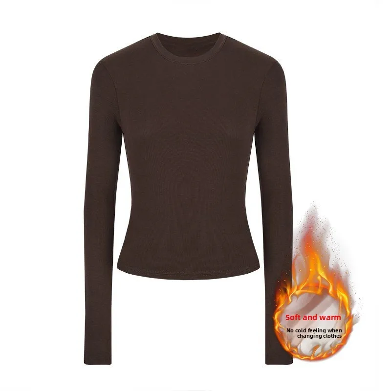 قميص نسائي دافئ مبطن بالصوف بأكمام طويلة ورقبة مستديرة قميص نسائي للخريف والشتاء بقصة ضيقة مخملية متكاملة عالية المرونة كاجوال...