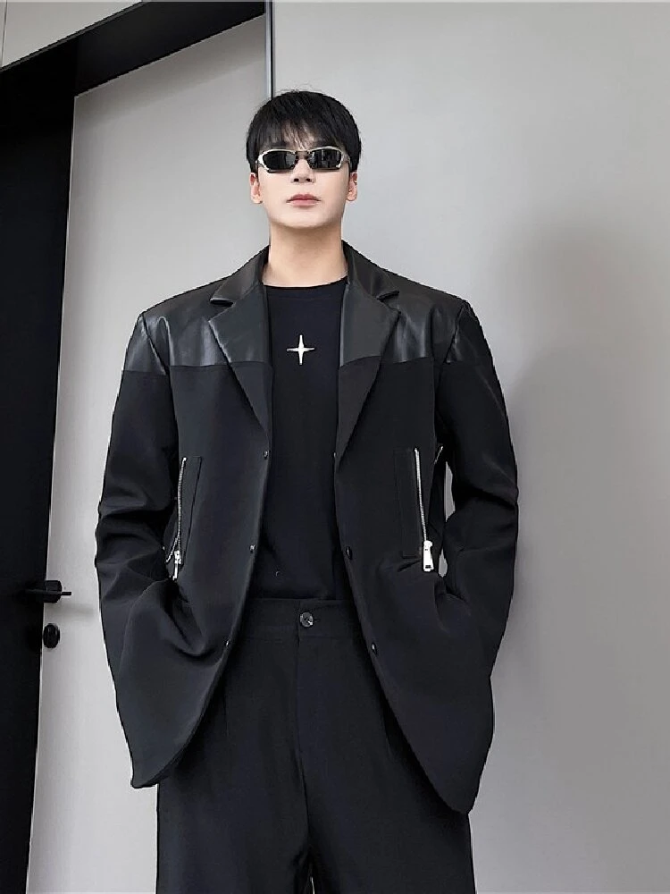 Fashionable Deconstructed Leather Patchwork Zipper Decorated Suit Jacket for Men And Women Trendy Top Casual Wear All Seasons