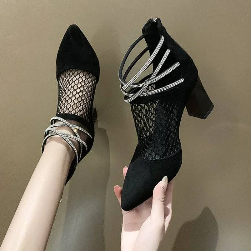 

Pointed Toe Thick Heel Women's Sandals Korea Summer 2025 Comfortable Daily on Offer New Breathable Fashion Luxury Ladies Shoes