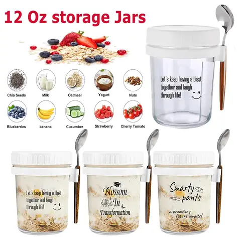 ओटमील कप, ग्लास ओट्स जार, ढक्कन और चम्मच के साथ नाश्ता कप, 12 औंस चौड़ा मुंह वाला दूध, फल सलाद, खाद्य भंडारण कंटेनर, रसोई गैजेट 8 best sales सलाद कंटेनर - №5