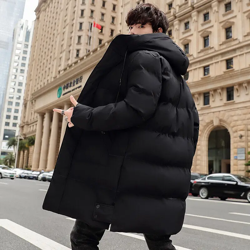 Autumn and Winter Solid Color Casual Long Length Thick and Warm Add Fat Hooded Long Sleeved Coat Cotton Jacket Coat for Men