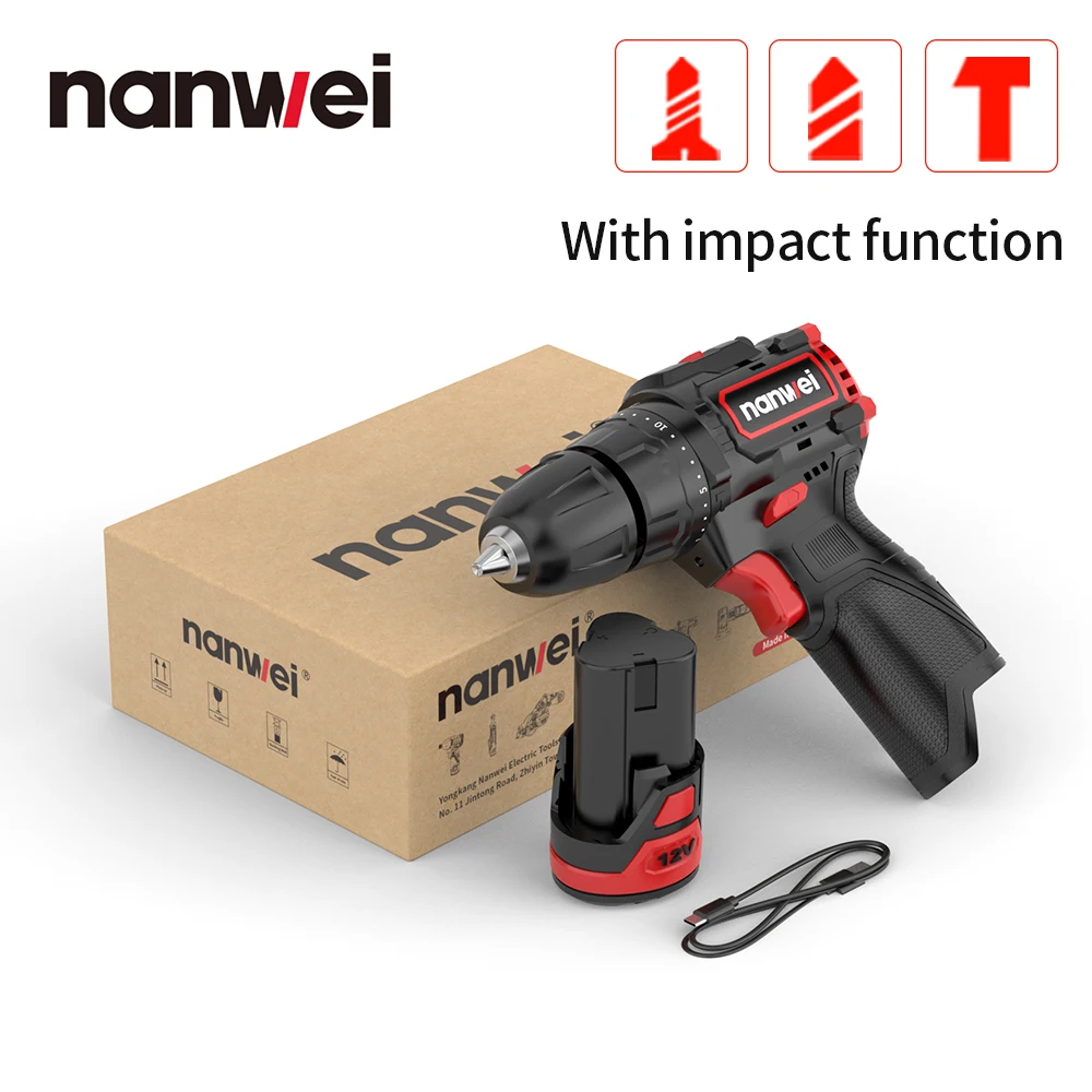 NANWEI 12v brushless impact drill multifunctional screwdriver with dual speed adjustment compact and easy to carry