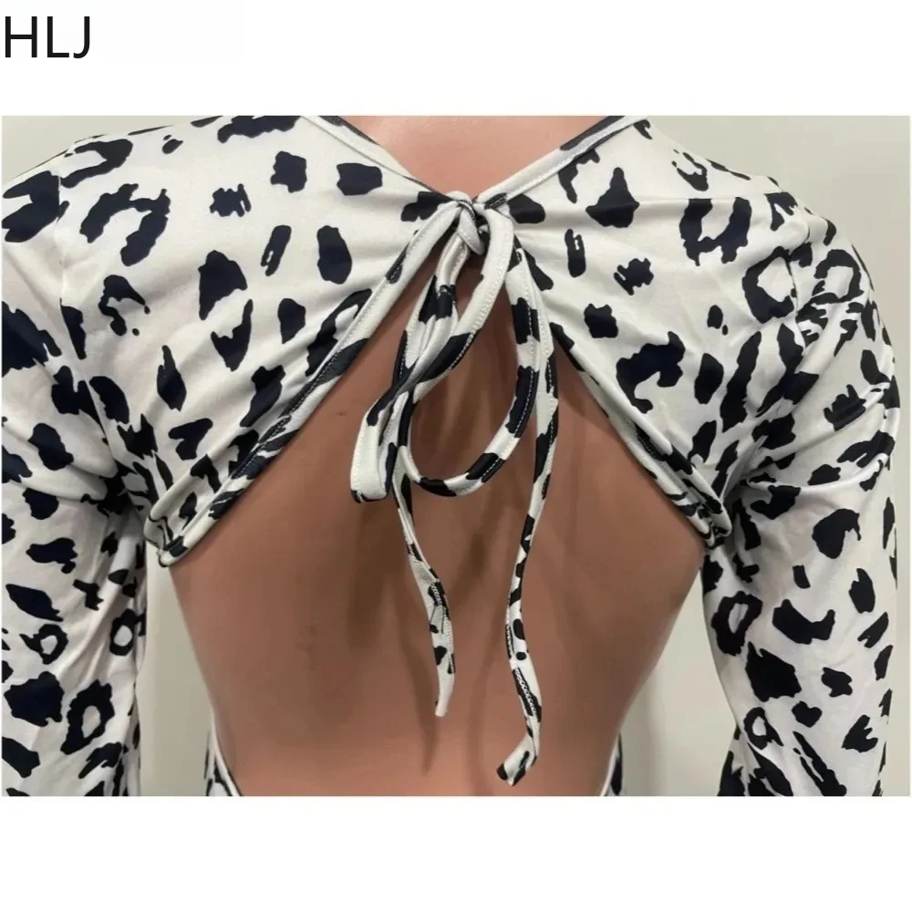 HLJ Tute aderenti leopardate con lacci sexy senza schienale Donna O Collo Pantaloni skinny a maniche lunghe Tute intere Moda generale