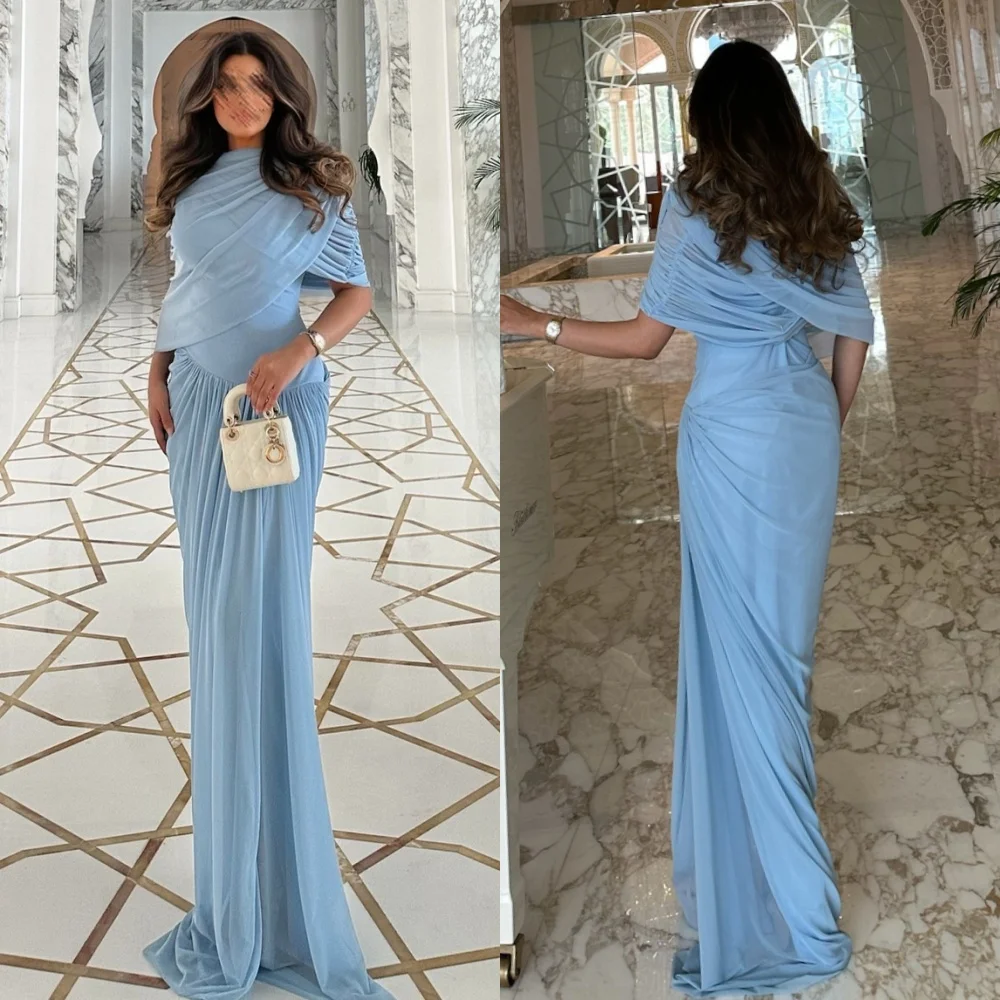 

Customized Intricate Modern Style Chiffon Pleat Ruched Draped Straight High Collar Long Dresses Bespoke Occasion Dresses Retro