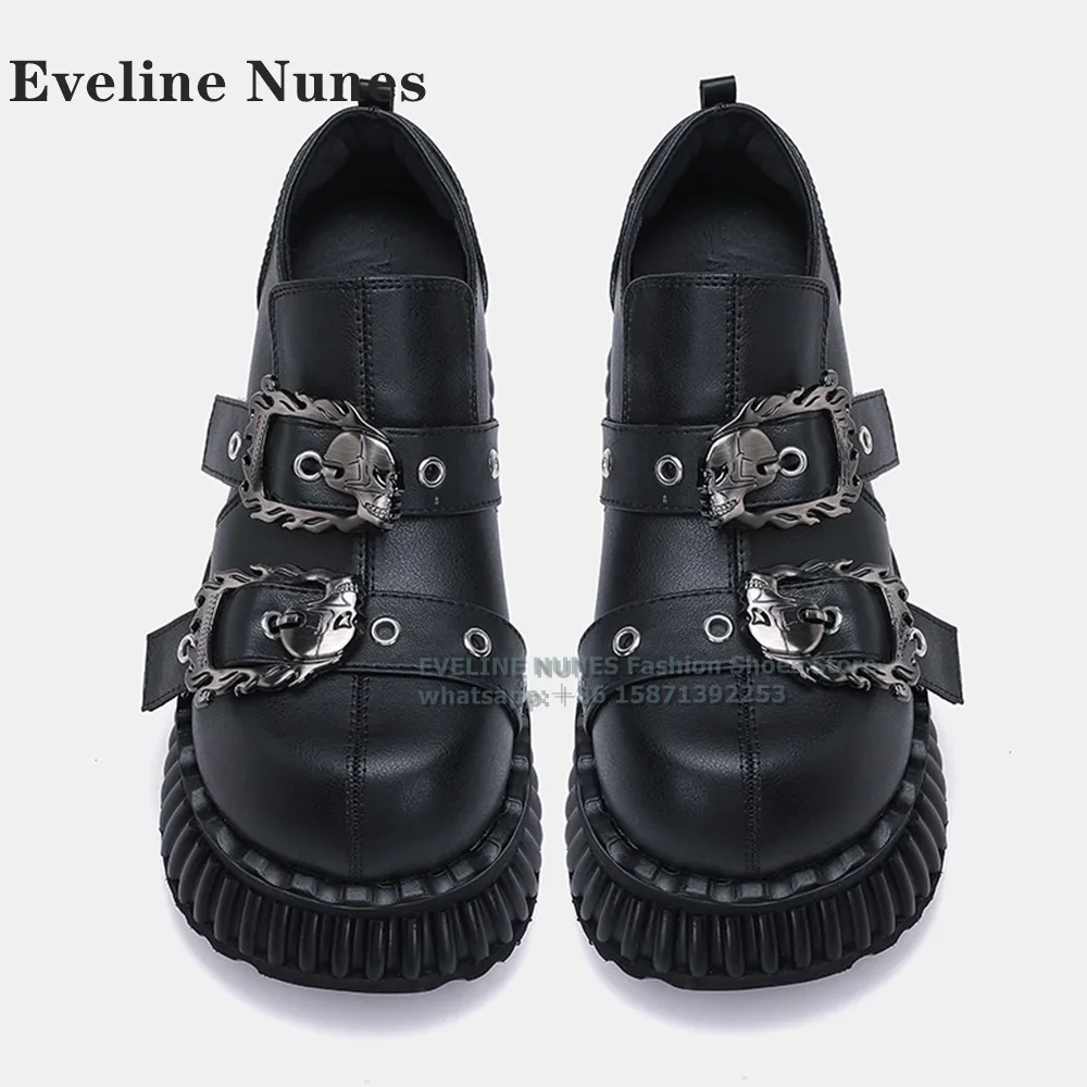

Metal Skull Buckle Thick Sole Pantshoes Big Toe Platform Height Increasing Shallow Patchwork Slip-On Pumps Subculture Style 2024