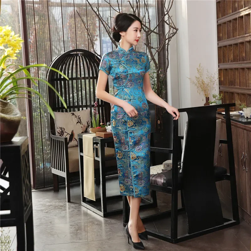 Black Vintage Cheongsam Chinese Style Lady Elegant Slim Qipao New Vestidos Flower With Button Clothes Short Sleeve Women Dress