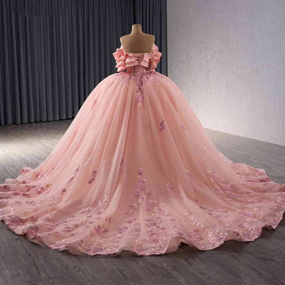 Shiny Pink Off Shoulder Ball Gown Quinceanera Dresses Beads Appliques Princess For Sweet 15 Birthday vestido 15 años quinceañera