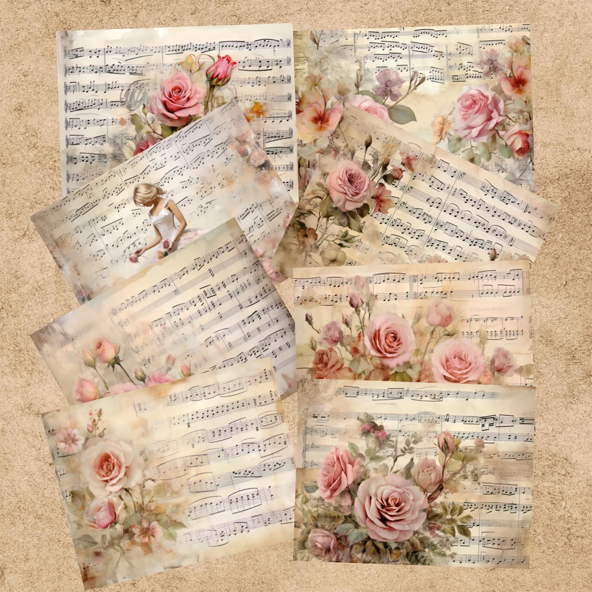 16 Sheets A5 Size Pink Rose Sheet Music For Girls Background Vintage Grunge Journal Planning Scrapbooking