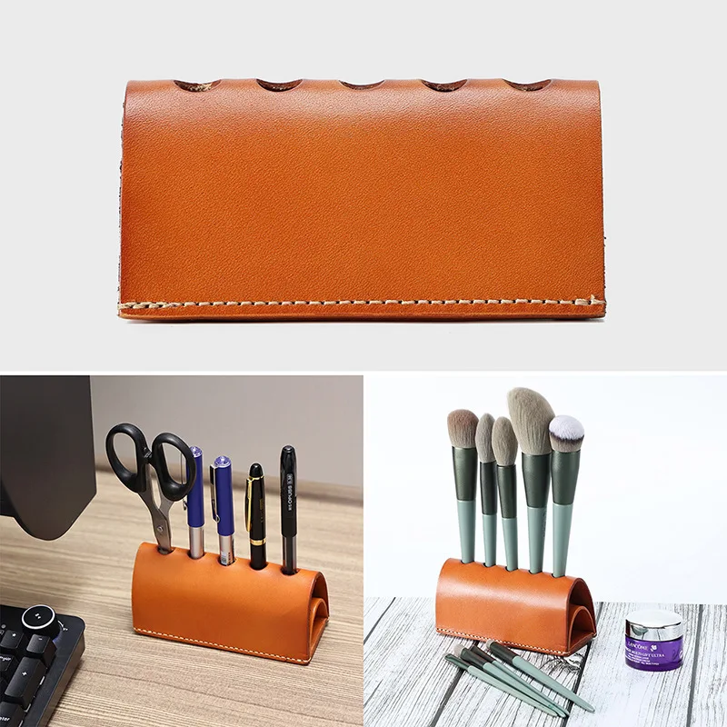 Leather pen holder, multifunctional handmade makeup brush storage ornament