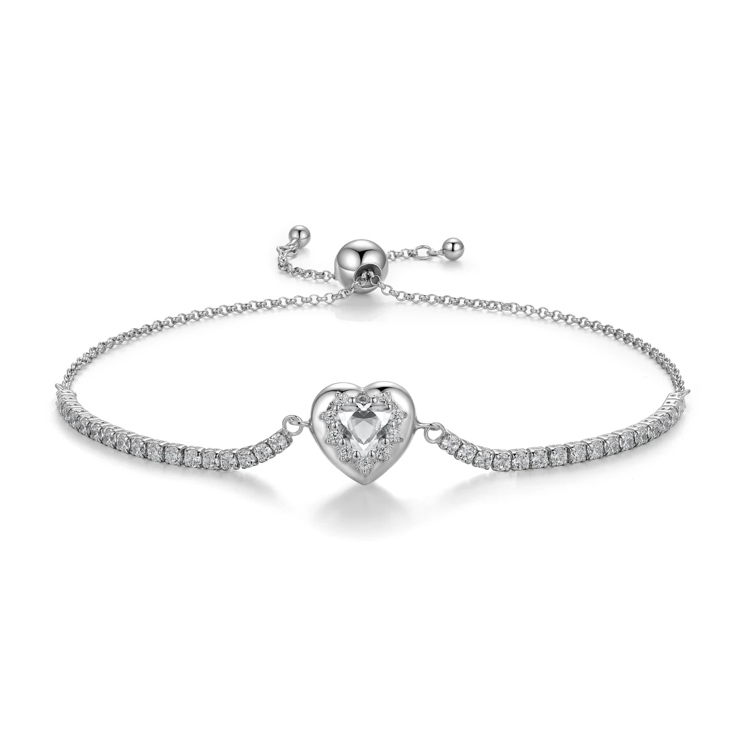 

925 Sterling Silver Love Zircon Heart Shaped White Adjustable Slider Bracelet Cz Classic Bracelet for Women Jewelry Gift