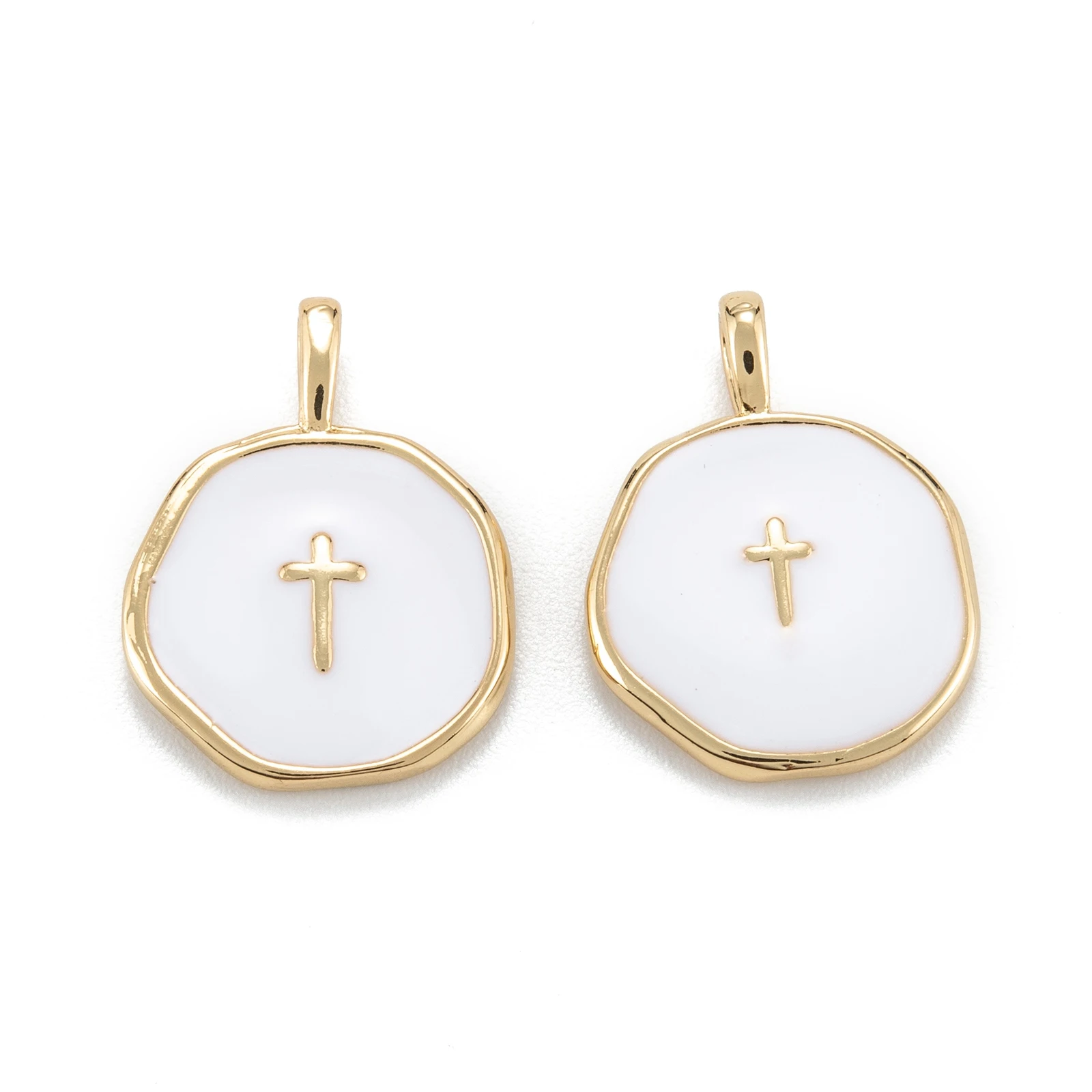 

10pcs White Enamel Flat Round with Cross Pendants Gold Plated Brass Charms for DIY Necklace Earrings Jewelry Making Findings