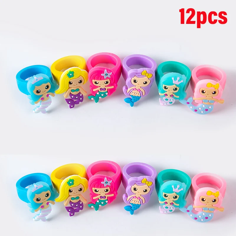 12pcs Cartoon Mermaid Silicone Rings Little Mermaid Theme Girls 1st Birthday Party Gift Supplies Under The Sea Party Favors