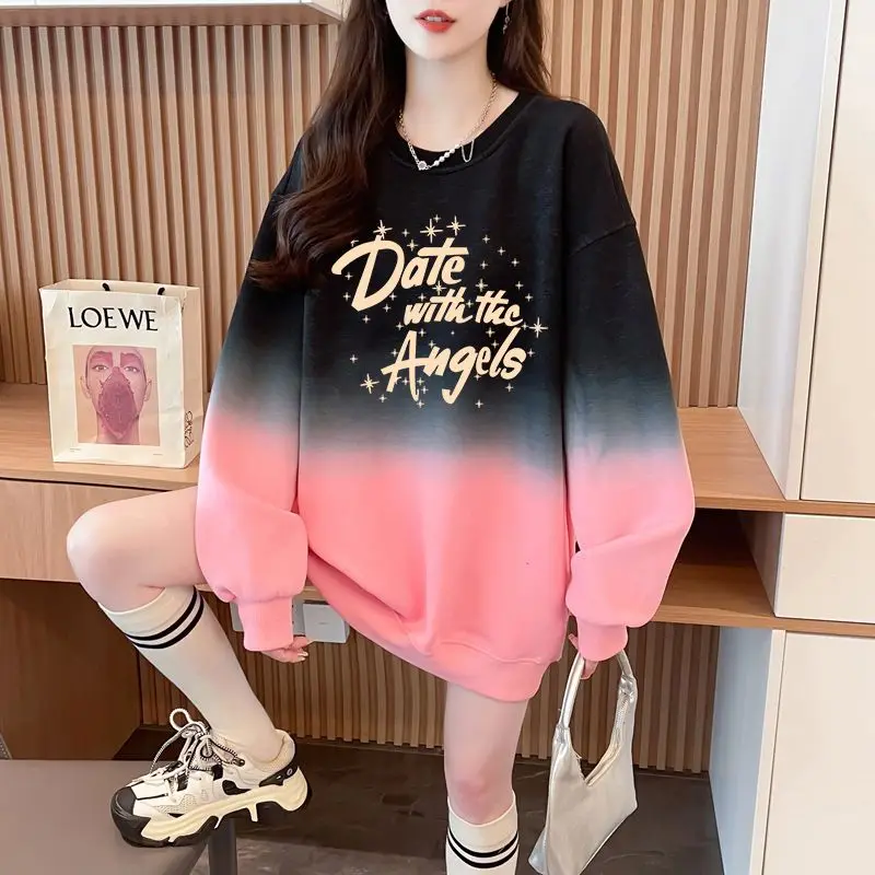 American 2024 Spring Autumn Women\'s New Splicing Printed Letter Fashion Versatile Medium Long Loose Gradient Long Sleeve Hoodie