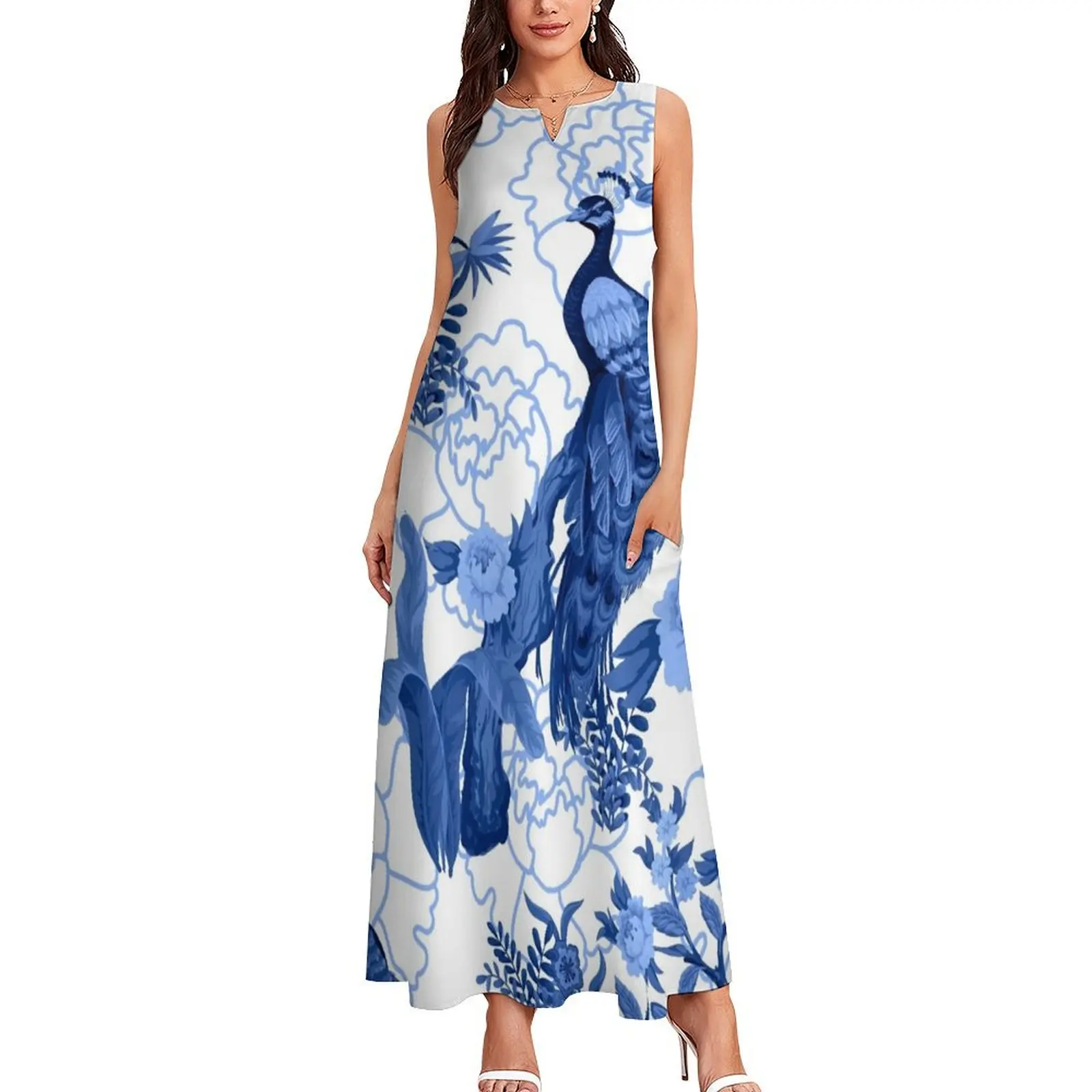 Delft Blue Chinoiserie Fengshui Oriental Garden with Peacocks Long Dress chic and elegant evening dress birthday dress