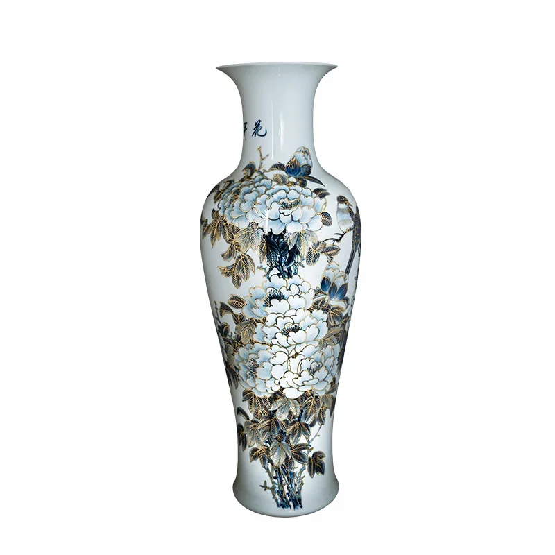 

LDJingdezhen Ceramic Floor Vase Hand Painted Blue and White Gold-Painted Porcelain Bottle Living Room Entrance
