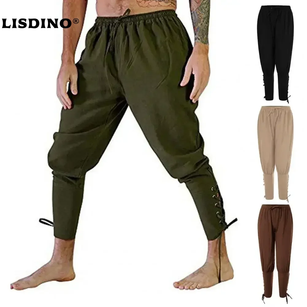 

1Adult Men Medieval Pirate Pants Linen Horseman Knight Costume Loose Leggings Black Navigator Leg Bandage Trouser