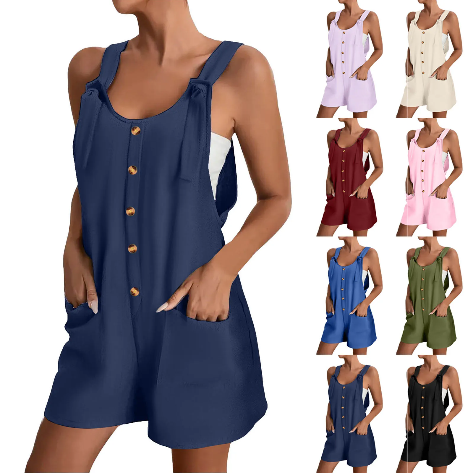 Zomer Jumpsuit Voor Vrouwen Met Zakken Casual Mouwloos Wijde Pijpen Korte Overalls Effen Kleur Losse Dagelijkse Vrouwen Korte Rompertjes