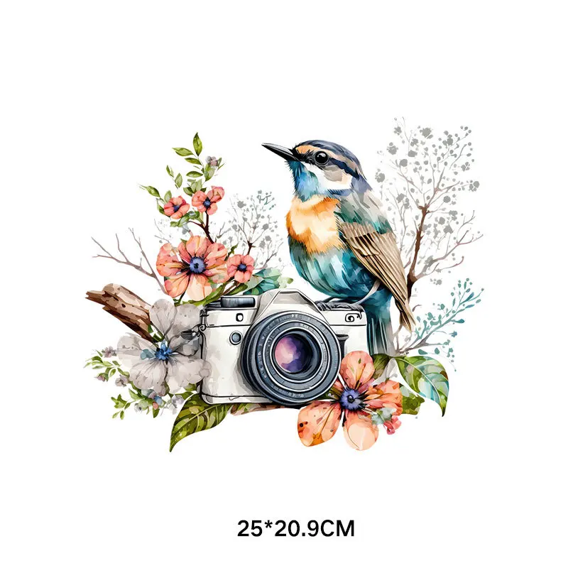 Butterfly and Bird Camera Heat Transfer Stickers Clothes Stripes Women Thermal Stickers Iron On Patches T-Shirt Applique