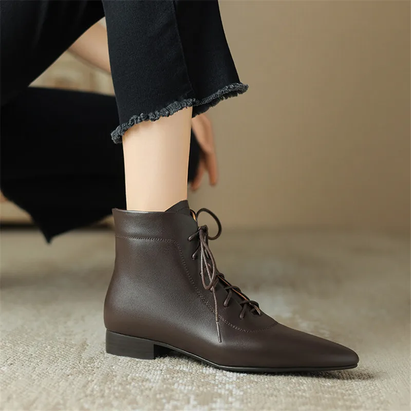 2023 New Winter Genuine Leather Women Boots Pointed Toe Chunky Heel Boots for Women Low Heels Short Boots Concise Ladies Shoes