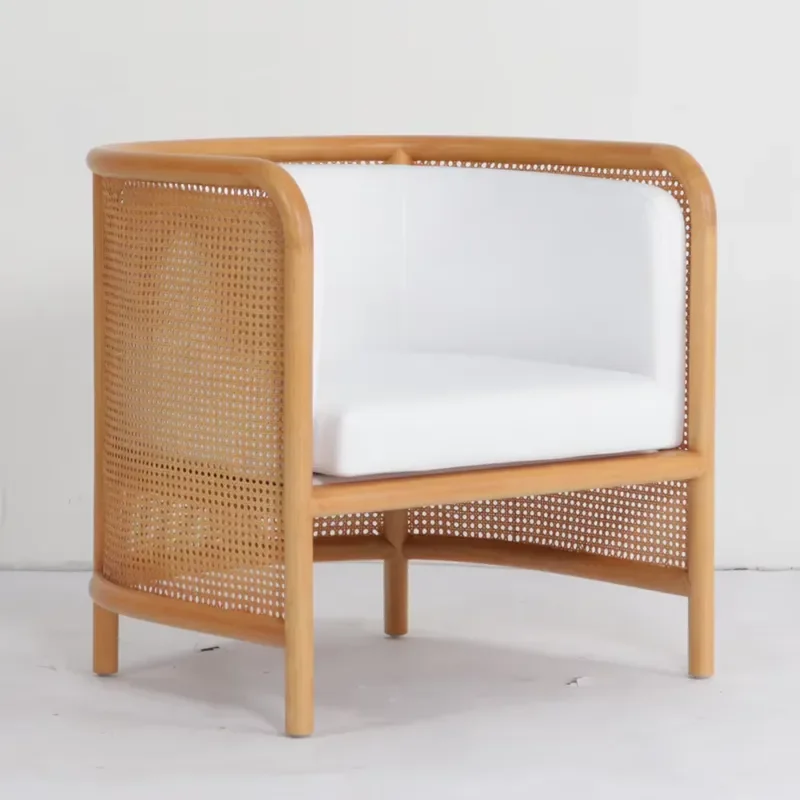 In Stock Sales Mid century Natural Solid Wood Frame Rattan Wicker Accent Single Sofa for Wedding Event with Arm