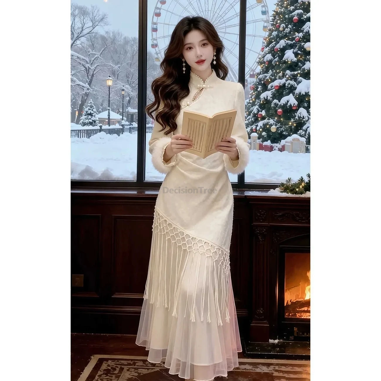 

Winter chinese style improved qipao women long sleeve Thickened fairy cheongsam white dress dance dress oriental qipao