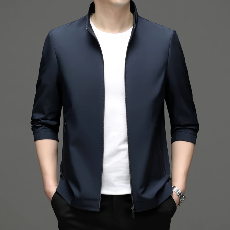 Minimalist Men's Smart Casual Hooded Jackets Navy Blue Basic Coat Hood Detachable Design Lightweight Outerwear Business Look