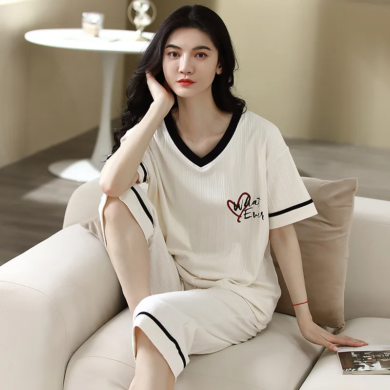 Women\'s Pajama Summer Knitted Cotton Thin Short Sleeved Girl Simple Fashion Casual O-Neck Homewear Cute Soft Cartoon Loungewear