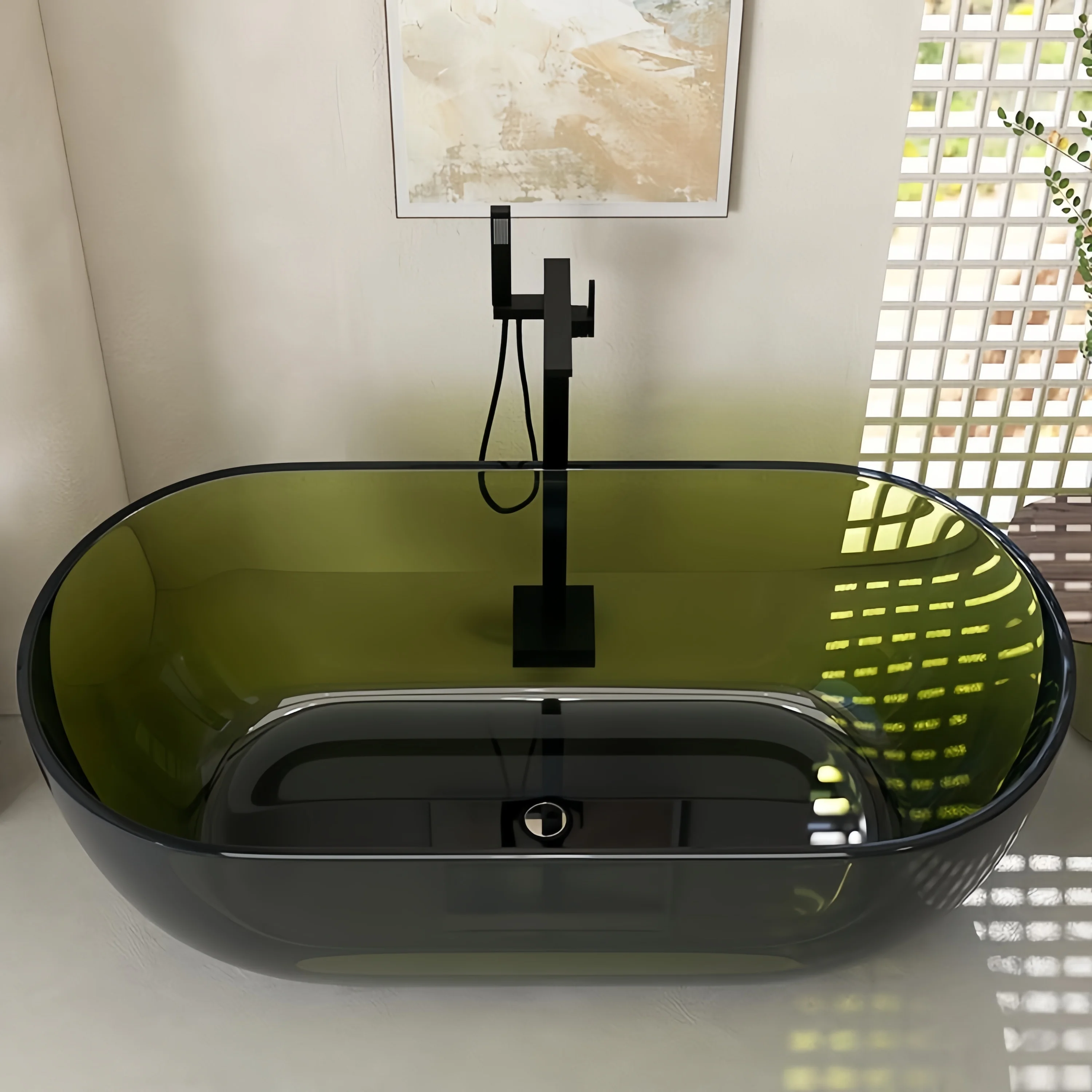 %* Tea Green Resin Freestanding Bathtub With Drainer Modern Design Eco-Friendly Durable Bathroom Soaking Tub