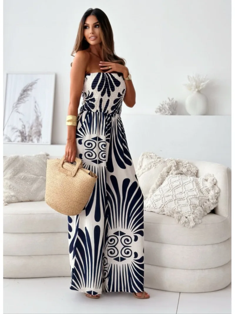 

Новый модный винтажный комбинезон с принтом, весенний сексуальный комбинезон с открытыми плечами и бретельками на талии, комбинезон с широкими штанинами ﻿