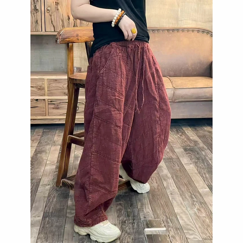 2025 New Arrival Autumn/winter Women High Waist Vintage Ankle-length Pants Casual Loose Elastic Waist Thicken Harem Pants L184